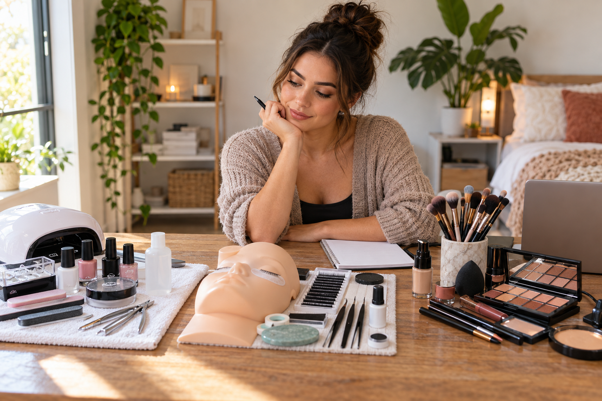 Beauty student comparing nail, lash and makeup training options at a home workstation