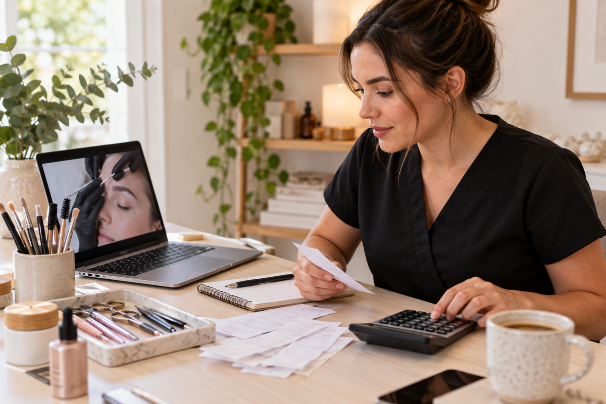 Beauty professional reviewing study expenses and course records