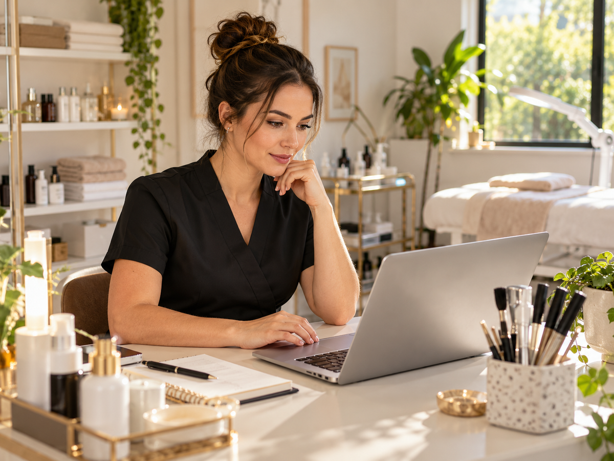 Beauty technician reviewing business insurance at a home salon
