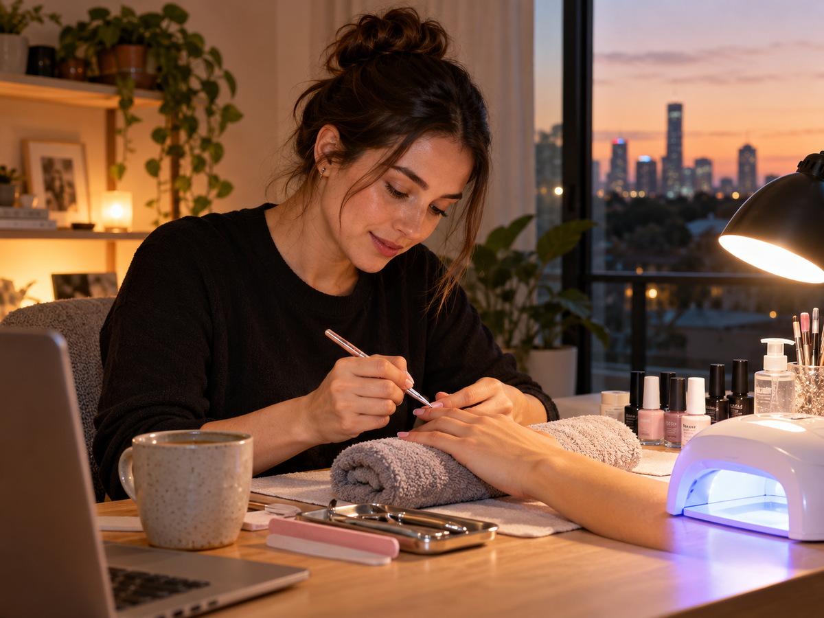 An adult student practicing a manicure at a home desk in evening light after work